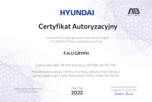 Certyfikat autoryzacji - pompy ciepła Hyundai